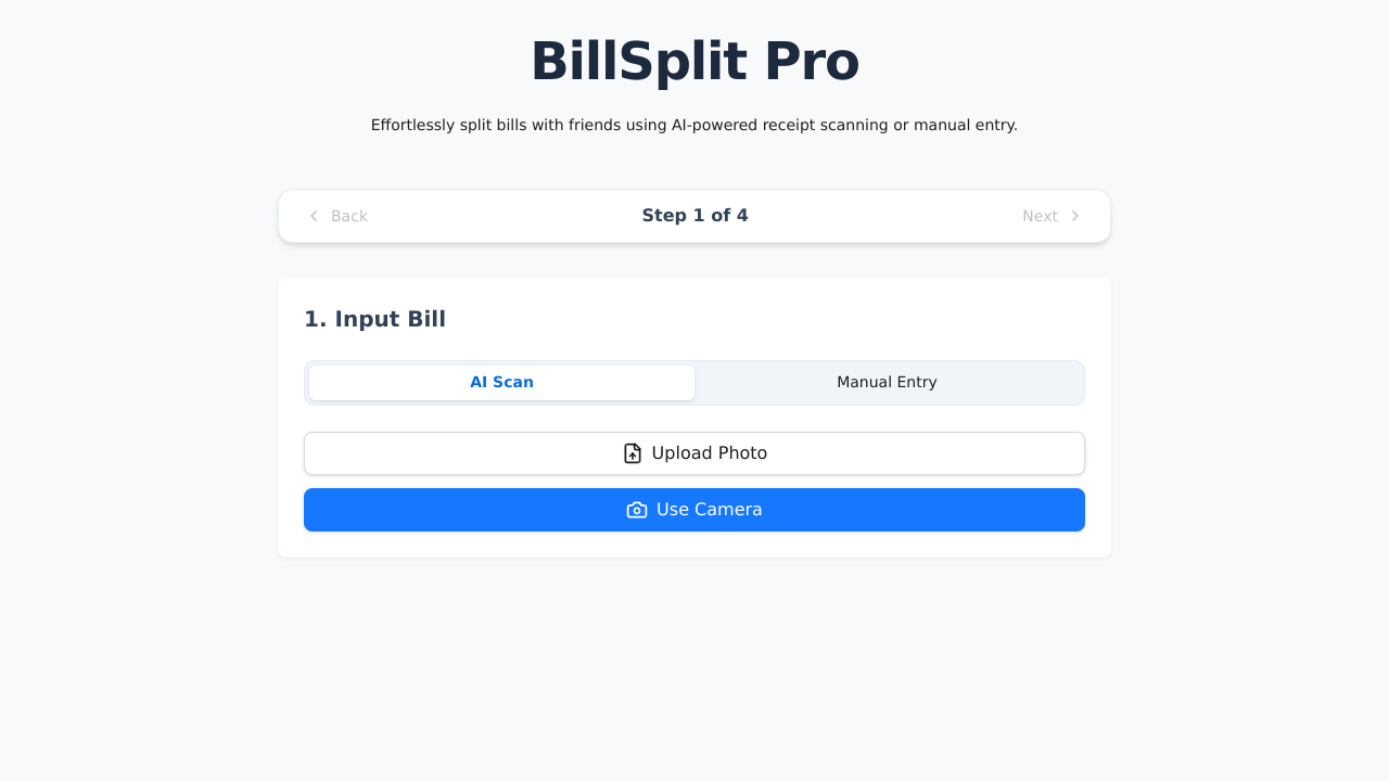 BillSplit Pro Café ready to scan or enter a receipt